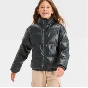 Art Class Girls XL Black Faux Leather Puffer Jacket Full Zip Short Length